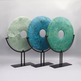 Decoración de piedra de mármol, disco redondo de piedra de la fortuna con base de metal, piedra de jade Yubi