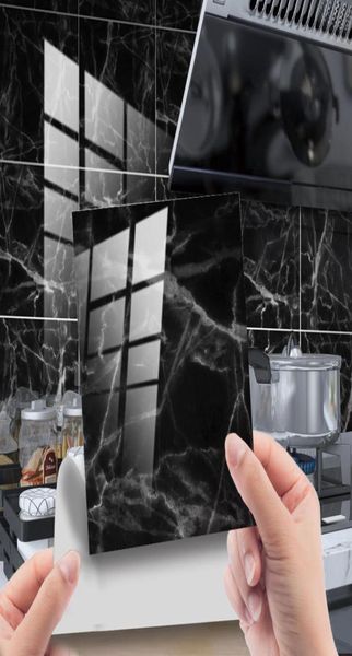 Carreaux de marbre autocollant auto-adhésif étanche en PVC autocollants de salle de bain décoration de cuisine pour la maison luxe noir 3D panneau mural4921258