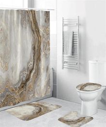 Marmeren witte douchegordijn set met niet -slip badwad tapijt tapijt moderne badkamer gordijnen toilet deksel deksel huisdecoratie 2205057633036
