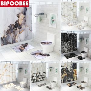 Marmeren 3D -printendouche gordijnen waterdicht geometrisch badkamer gordijn set eenvoudige stijl wasruimte decor bad mat non slip tapijt 220517