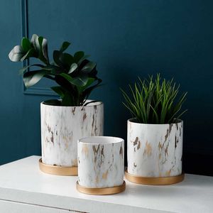 Apparence de marbrure Pot de fleur en céramique Succulent Planteur Plantes vertes Pot de forme cylindrique Pot de fleurs avec trou Plateau d'or 210615
