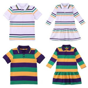 Mardi Gras Childrens kleding babyjongens polo t -shirt tops pullover gestreepte lange mouw meisjes jurk kinderen broer of zus kleding 240514