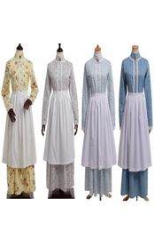 Costume de Mardi Gras pour femmes Vintage Style français robe florale coloniale 18ème siècle historique bleu tablier à manches longues Bonnet Cost5486045