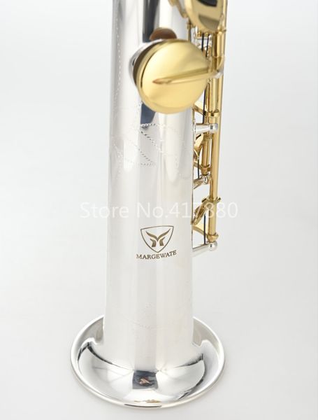 MARGEWATE Nuevo saxofón soprano de latón con tubo recto Cuerpo chapado en plata de alta calidad Llave de laca dorada Instrumento musical Saxofón con estuche