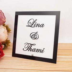 Panneau de bienvenue de Mariage, nom personnalisé, cadre de fond blanc, décor de fête en acrylique, plaque de faveur avec ongles dans toutes les langues, 240127