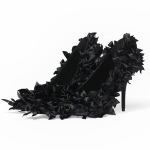 Marie-Antoinette Bomba de 110 mm, pajarita negra para mujer, punta en punta, tacón de aguja, zapatos de vestir, zapatos de diseñador de lujo, satén, moda, tacón alto, fiesta, boda, zapatos de noche