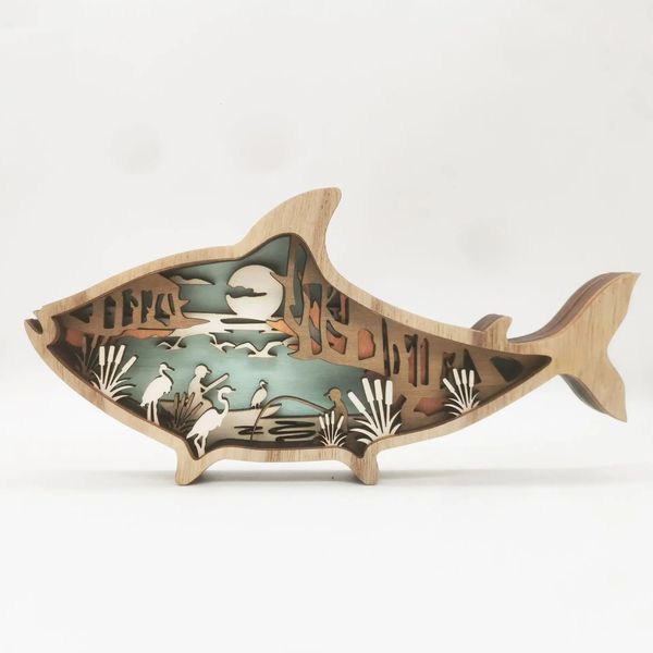 Artisanat en bois d'animaux marins, sculpture de vent créative, décoration de Table de poisson avec lumière 3D dans la pièce de la maison 231226