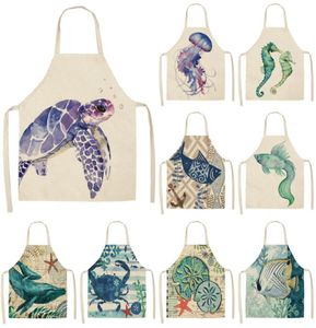 Tabliers de cuisine imprimés d'animaux marins pour femmes et enfants, bavoirs en coton et lin sans manches, outils de nettoyage et de cuisson, 5365cm8992332