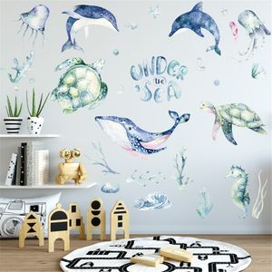 Marine Museum Wall Sticker Peint À La Main Aquarelle Baleine Tortue Decal PVC Salon Chambre Décoration Papier Peint Auto-adhésif