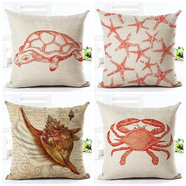 Style marin housse de coussin tortue crabe motif océan plage coton lin taie d'oreiller taille jeter taie d'oreiller 45x45cm2739