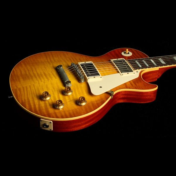 Mark Knopfler 1958 Tobacco Sunburst Flame Maple Top Guitar Gold Metal G Couvercle arrière, tuilp Tuners, reliure du corps jaune, quincaillerie chromée