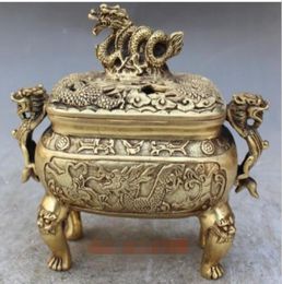 Marqué chinois Old Bronze Dragon Dragons Foo Fu Dog Lion Encens Burner encein9531501
