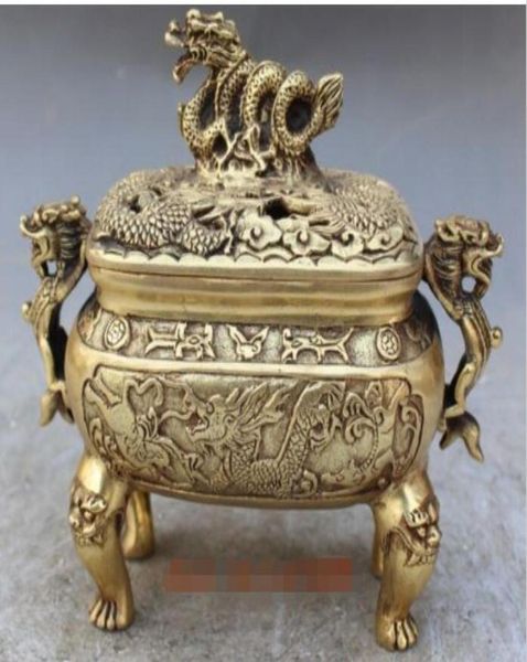 Quemador de incienso chino marcado de bronce antiguo dragón dragones Foo Fu perro León Censer6433012