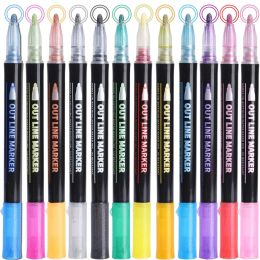 Marqueurs 12/24 couleurs contour marqueurs métalliques stylos double ligne stylo à dessin à paillettes magiques pour cartes de vœux, peinture, croquis de bricolage