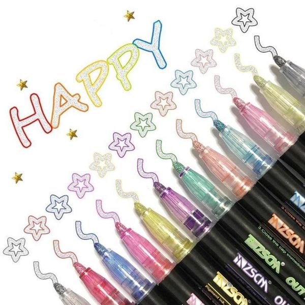 Marqueurs 12 couleurs Double ligne contour Art stylo marqueur bricolage Graffiti surligneur Scrapbook balle journal affiche carte 230523