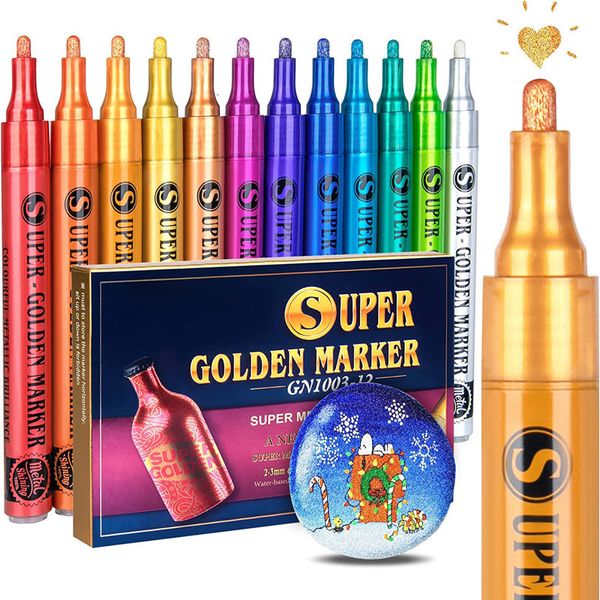 Marqueurs 12 Couleurs Doré Métallique Peinture Acrylique Stylos Glitter pour Rock Peinture Céramique Verre Bois Tissu Toile Tasses DIY Artisanat 230803