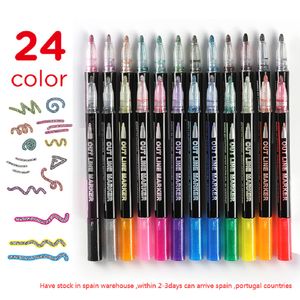 Marqueurs 24Colors Doodle Dazzle Double Ligne Magic Shimmer Peinture Stylos Pointe 07mm pour Cartes de Voeux Artisanat Affiches Paintins 230130