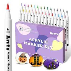 Markers Arrtx 24/30/32 Colors Acrylic Paint Marker Brush Tip Pens for Rock Stone Ceramic Porcelain Mug Wood Fabric Canvas Marking Pens 231030