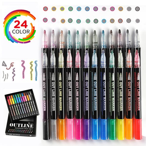 Marcadores Esquema Marcadores metálicos Doble línea Magic Shimmer Pintura Plumas Juego de 12 Para niños Adultos DIBUJO Arte Firma para colorear Diario 230605