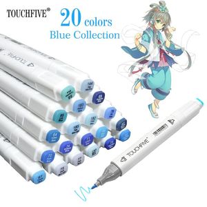 Markers TOUCHFIVE 20 kleuren Blauwe serie Alcohol Markers pennen vette inkt Art Marker Tekening Marker Pen Animatie set