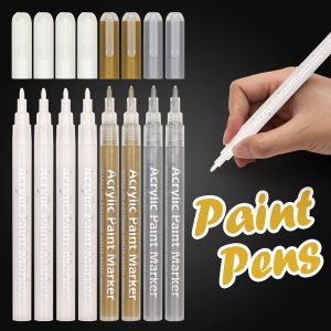 Lot de 8 marqueurs à peinture blanche, 0,8 mm, acrylique, blanc, or, argent, marqueurs permanents pour bois, roche, plastique, verre, pierre, métal, toile