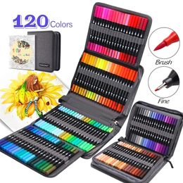 Markers ZSCM 8/12/24/36/160 120 kleuren Dual Brush Pennen kleurpotlood Waterverf ART Fineliner kalligrafie 220929