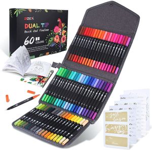 Markers ZSCM Dual Brush Coloring Pennen 60 kleuren Art Markers Fine Brush Tip Pen voor kinderen Volwassenen Coloring Book Bullet Journals Planner 230803