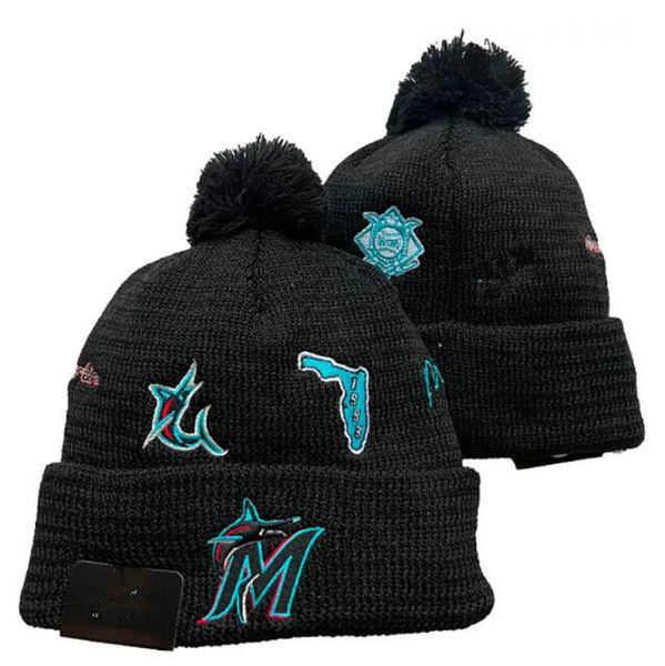 Marlins Gorros Gorro De Miami Gorro De Lana Cálido Deporte Gorro De Punto Béisbol Equipo Norteamericano Rayas Línea Lateral EE. UU. Universidad Gorros Con Pompones Con Puños Hombres Mujeres