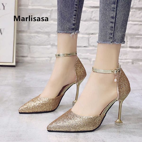 Marlisasa femmes mignon bout pointu doré chaussures à talons hauts dame décontracté confortable chaussures de fête Sexy mariage argent pompes G5452 Y0611