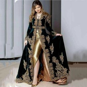 Marocco Mermaid Green Velvet Evening Jurken 2 stuks over Skirt Split Gold Applique Lace Prom Formal Jurken Algerijnse Outfit 224R