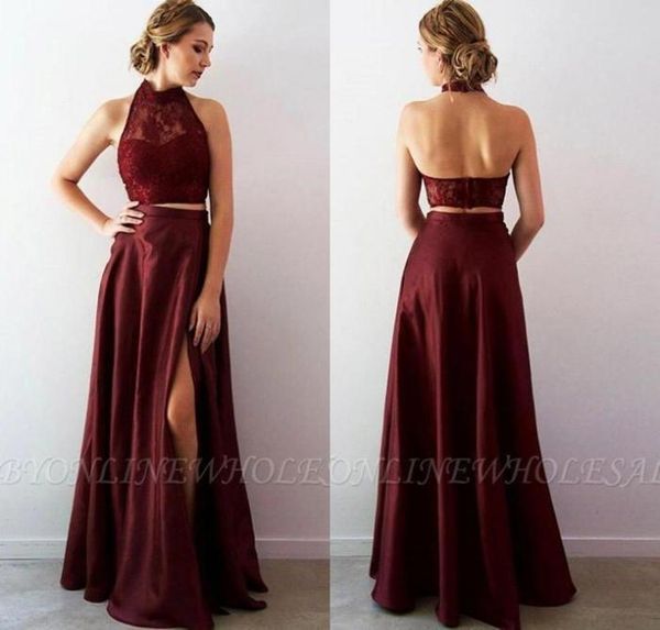 Maroon 2 piezas Vestido de noche de graduación Sexy Aline Fily Party Vestido CARACE TALLE PRENDIDO Vestidos de concurso de cuello alto Hecho a medida BC18839256850