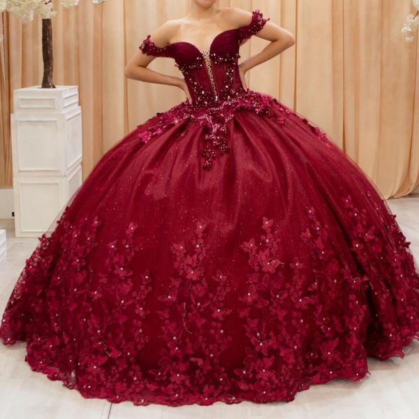 Maroon Quinceanera robes robes de bal sur l'épaule Shinny Bows Perles Crystal Prom Birthday Party Vestidos de 15 anos 16 ans