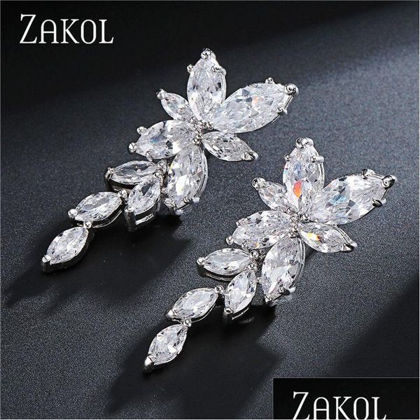 Marquise Cut Cluster Fleur Boucle D'oreille Zircone Cristal Longue Dangle Boucles D'oreilles Feuille Brillante Bijoux De Mariage De Mariée Pour Drop Del Dhgarden Otrn2