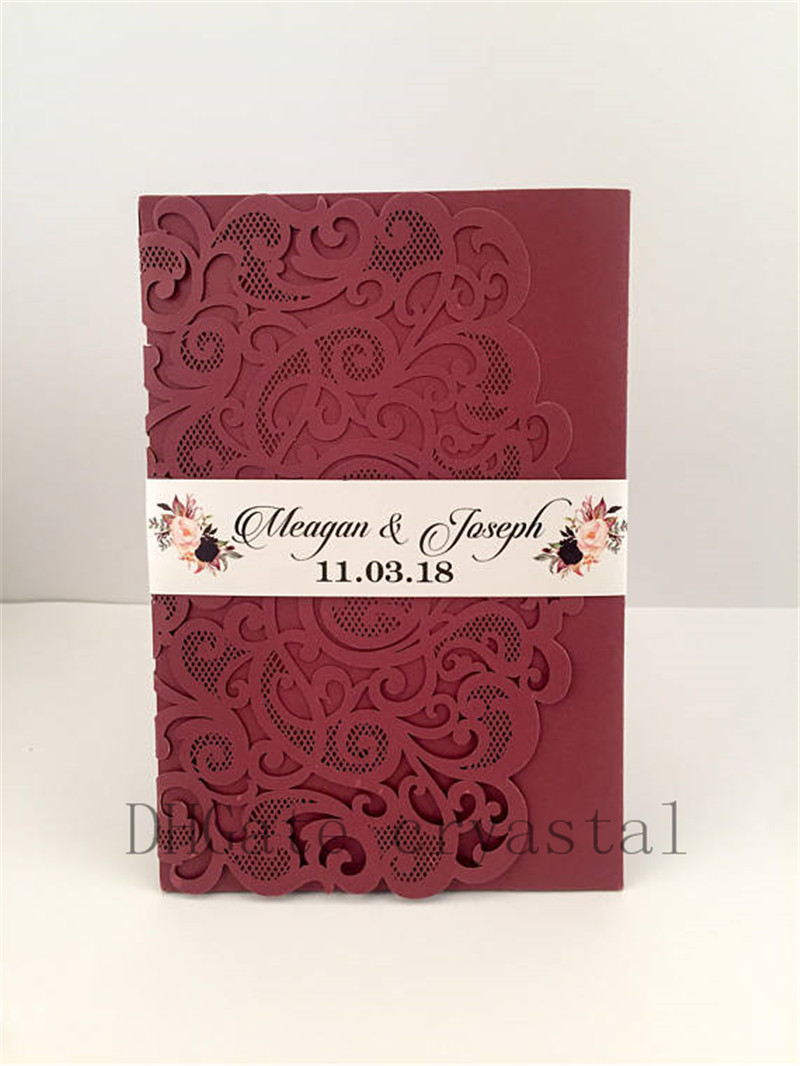 Elegant Marsala Burgundy Pocket Wedding Invitations Die Cut Laser Cut Jackets Wedding Invites, 20+ Colors Available