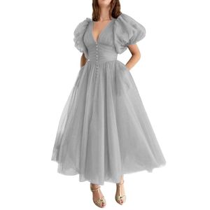 Marsen Puffy Sleeve Prom Tea Longueur Robes de soirée Femmes Femmes Une robe de bal de bal pour la mariée Amz