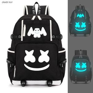 Marshmello Lumineuze USB -laptop -rugzakken American Mystery DJ Student Schooltas voor tieners Men Men Girls Girls jongens Boektassen Nieuw212p