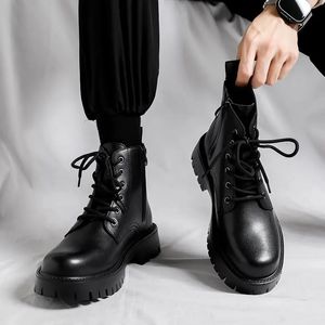 Martin Boots Black Leather Shoe Casual Middle Top Workwear Short for Boy Platform Designer Mens Shoes 240429