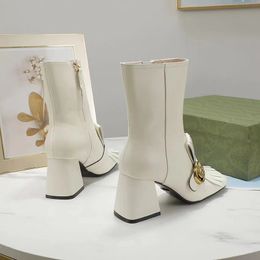 Martin Botas cortas 100% cuero de vaca hebilla de cinturón zapatos de mujer de metal zapatos de diseñador de cuero de tacón grueso clásico tacones altos empalme de moda para mujer Botas grandes 35-42