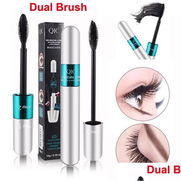 Mascara Makeup Qic Impermeable Dual Brush Head Black 4D Silk Fiber Lash Curly 2 en 1 Grueso Alargamiento Extreme More Drop Delivery Hea Dhcvh