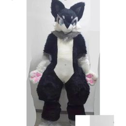 Costume de mascotte noire en fourrure moyenne et longue, Costume de renard Husky, Costume d'halloween de marche, jeu de rôle de fête, livraison directe, Costumes Dhq0B