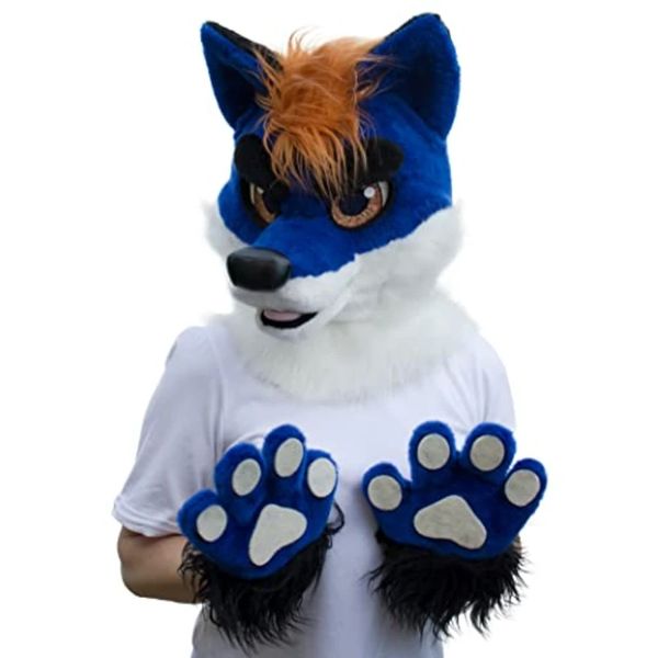 mascotte Cartoon Blue Wolf Husky Fur Set Head and Claws Costume Convient aux grands événements et aux vêtements de performance