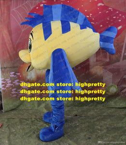 Mascotte kostuum geel blauw tropisch visaquarium kleurrijke vis goudvis goud volwassen personage geplaatst op mooie afbeelding promotie zz797777