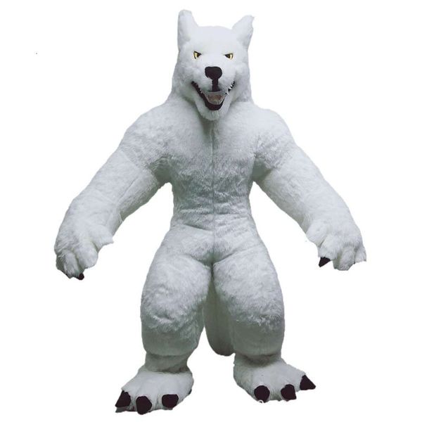 Costumes de mascotte 2,2 m Costume de mascotte de loup blanc réaliste adulte costume de fourrure complet personnage animal exploser déguisement ou divertissement