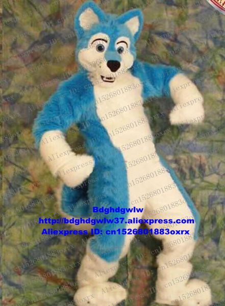 Costumes de mascotte Bleu Blanc Longue Fourrure Furry Wolf Fox Husky Dog Fursuit Costume de mascotte Personnage adulte Promotions marketing Session d'ouverture zx4