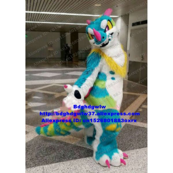 Costumes de mascotte Coloré Longue Fourrure Furry Dragon Loong Fursuit Costume De Mascotte Adulte Personnage De Dessin Animé Tenue Cadeaux De Famille Vacances Culturelles Zx2996