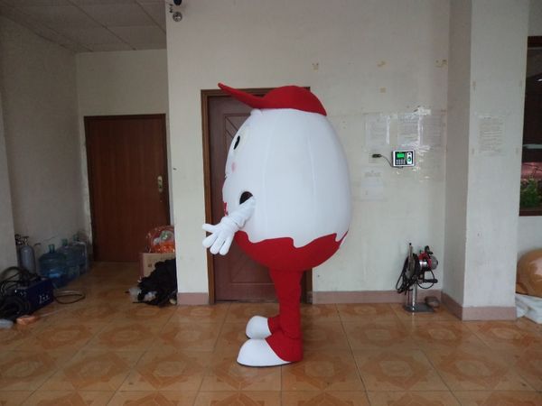 Costumes de mascotte Oeufs de poulet mignons Costume de mascotte Humpty Dumpty Shell Egg Robe blanche et rouge avec un visage heureux petit chapeau rouge pour Halloween