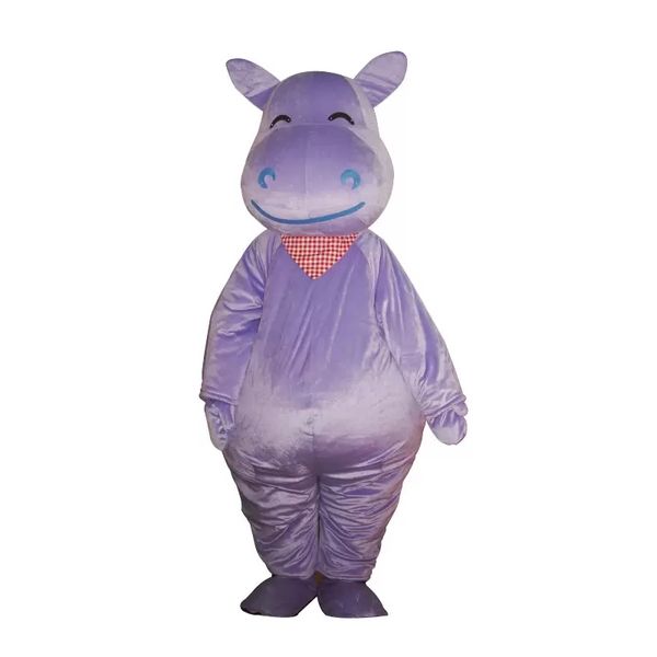 Costumes de mascotte Costume de mascotte hippopotame violet fantaisie Mascotte hippopotame cheval de rivière avec grande bouche bleue visage heureux taille adulte chanukah carvi