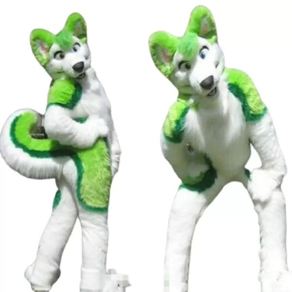 Disfraces de mascota Halloween Fursuit Long Fur Fox Green Husky Dog Mascot Costume Suit Party Game Dress Adulto Carnaval Navidad Pascua Adultos