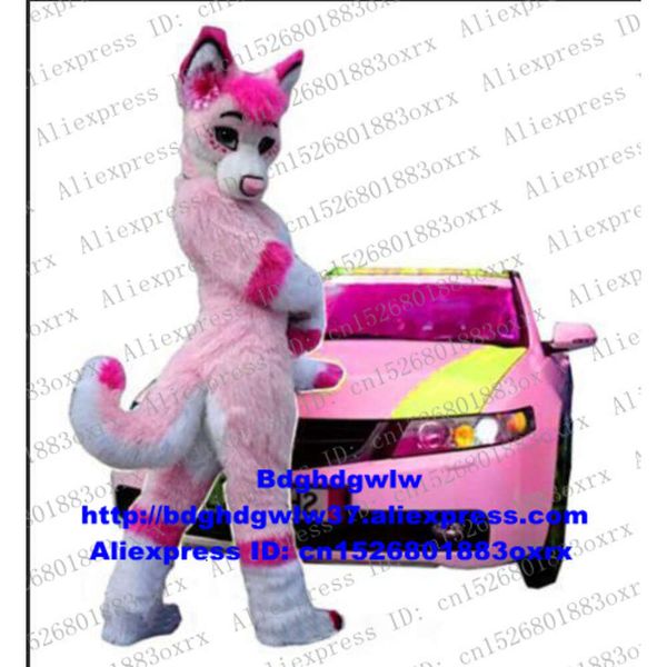 Costumes de mascotte Rose Longue Fourrure Furry Sexy Loup Renard Husky Chien Fursuit Costume De Mascotte Adulte Personnage De Dessin Animé Tête Très Grand Salon De Beauté Zx672