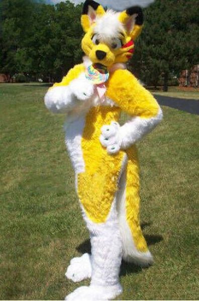 Disfraces de mascota Yellow Husky Dog Fox Mascot Costume Long Fur Leather Cover Halloween Set Role Play